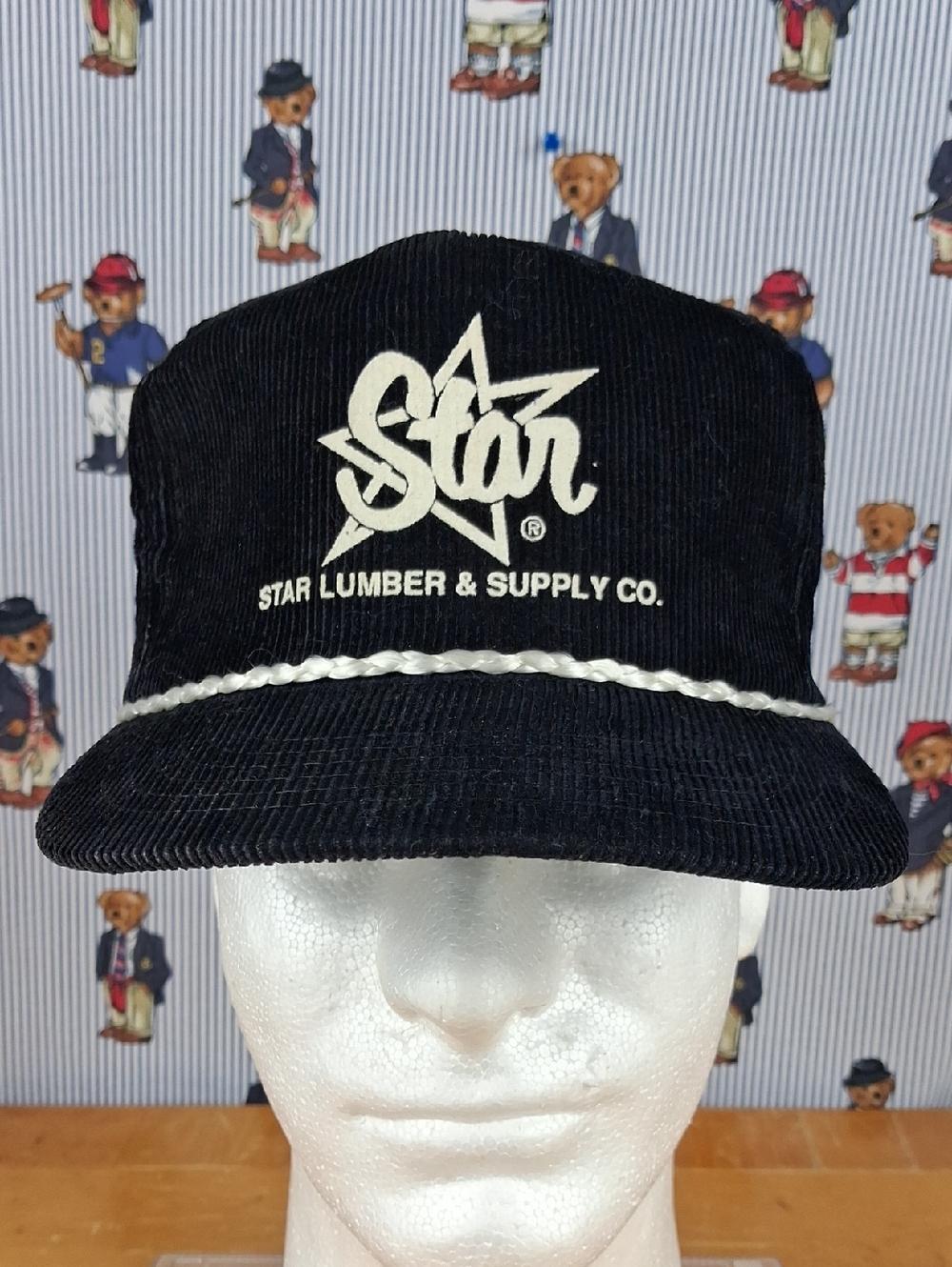 Vintage Corduroy Zipper Tab Black & White Brim Cord Screen Print Graphic Hat